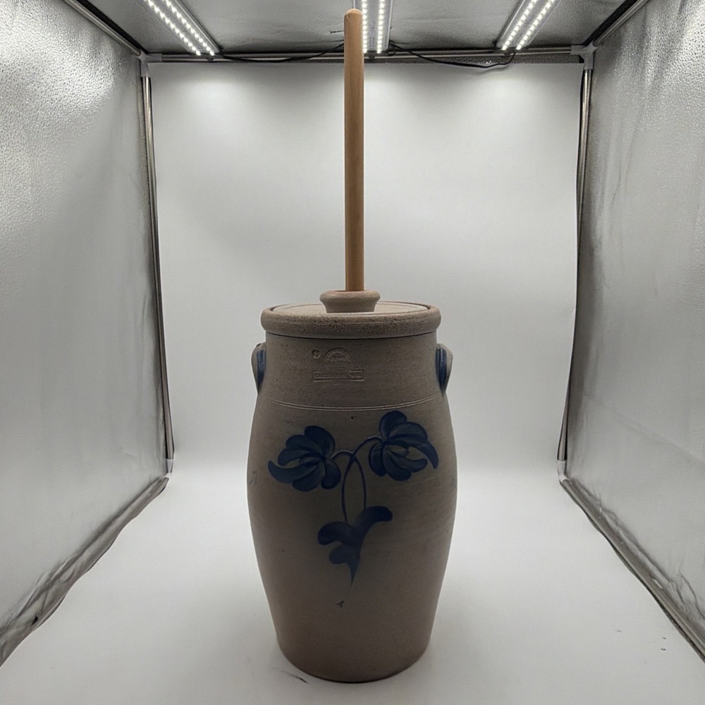 Large Vintage 1984 Rowe Pottery Salt Glazed Stoneware Butter Churn Cobalt Blue